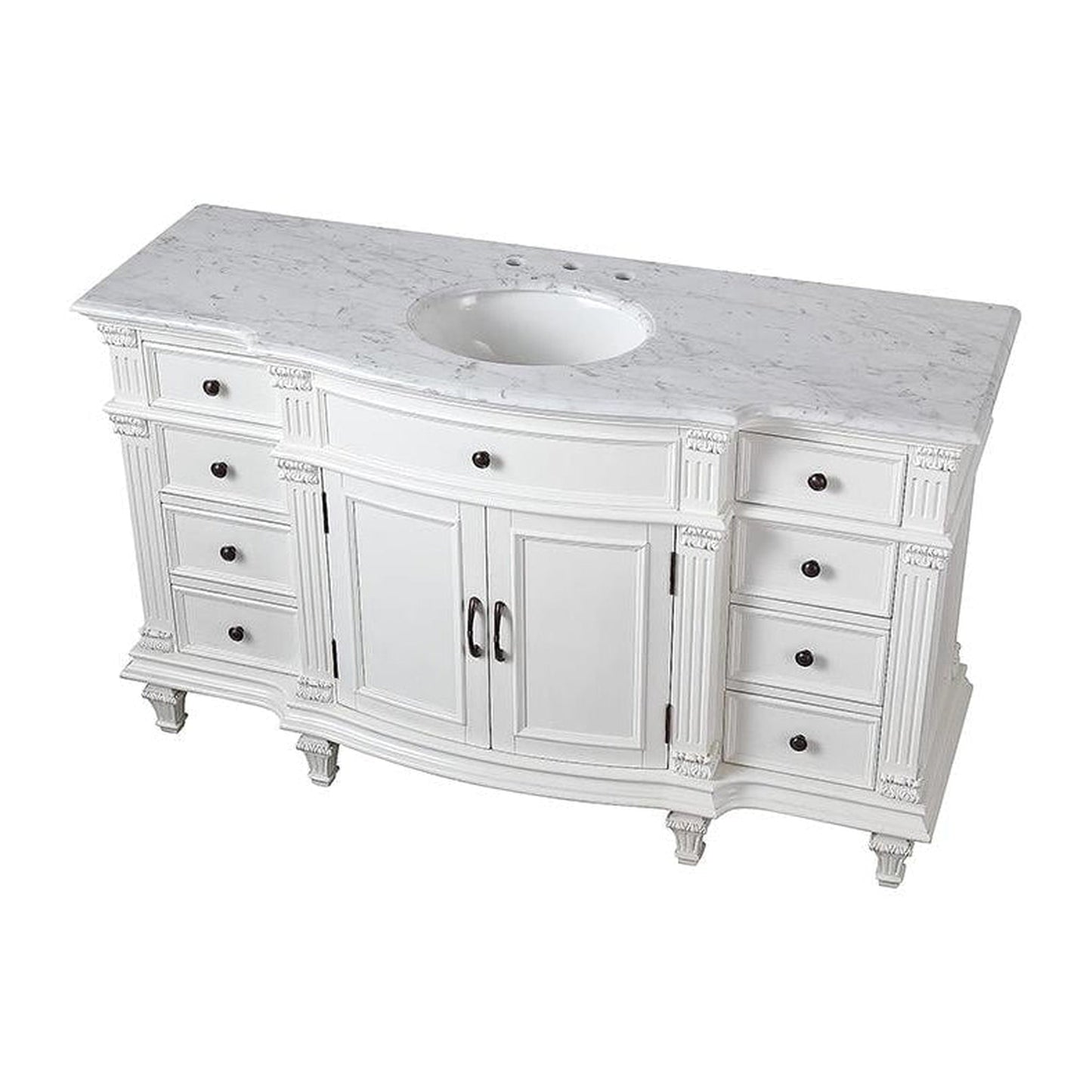 Silkroad Exclusive 60" Single Sink Antique White Bathroom Vanity With Carrara White Marble Countertop and White Ceramic Undermount Sink - V0277WW60C