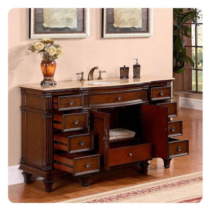 Silkroad Exclusive 60" Single Sink Brazilian Rosewood Bathroom Vanity With Travertine Countertop and White Ceramic Undermount Sink - HYP-0277-T-UWC-60