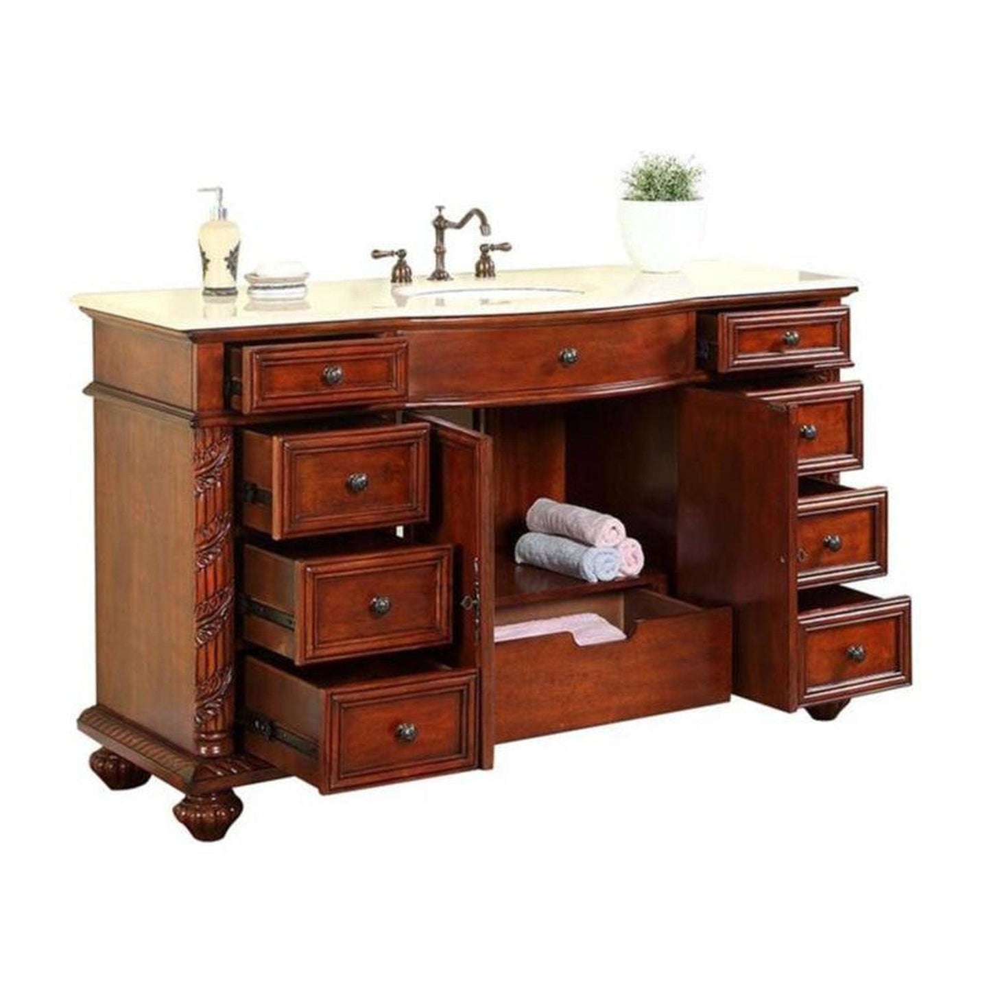 Silkroad Exclusive 60" Single Sink Red Chestnut Bathroom Vanity, Crema Marfil Marble Top, White Undermount Sink - FS-0268-CM-UWC-60