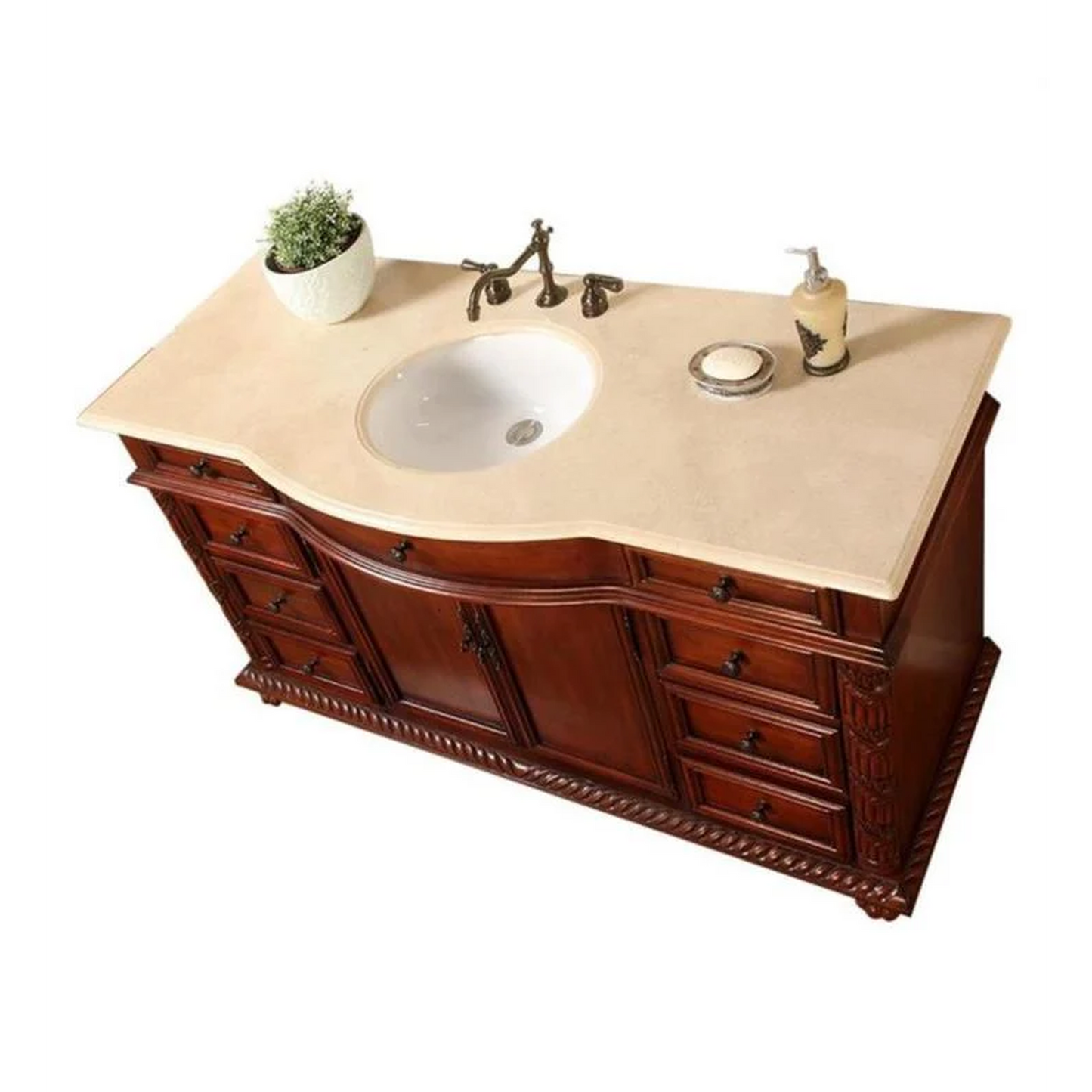 Silkroad Exclusive 60" Single Sink Red Chestnut Bathroom Vanity, Crema Marfil Marble Top, White Undermount Sink - FS-0268-CM-UWC-60