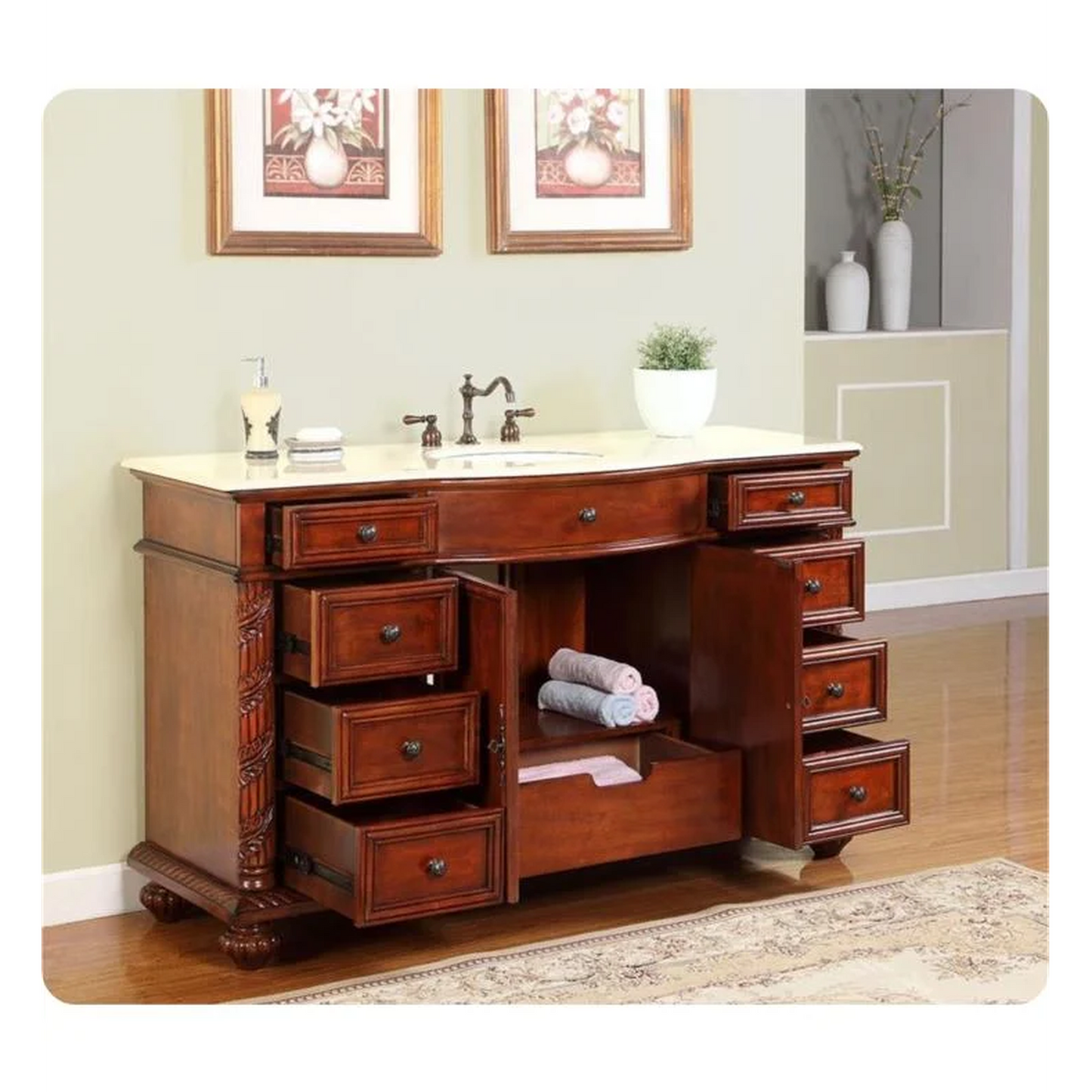Silkroad Exclusive 60" Single Sink Red Chestnut Bathroom Vanity, Crema Marfil Marble Top, White Undermount Sink - FS-0268-CM-UWC-60