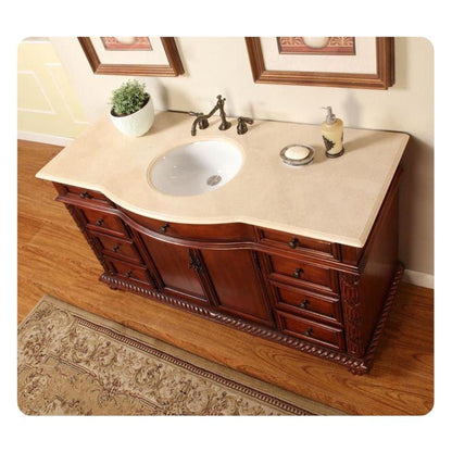 Silkroad Exclusive 60" Single Sink Red Chestnut Bathroom Vanity, Crema Marfil Marble Top, White Undermount Sink - FS-0268-CM-UWC-60