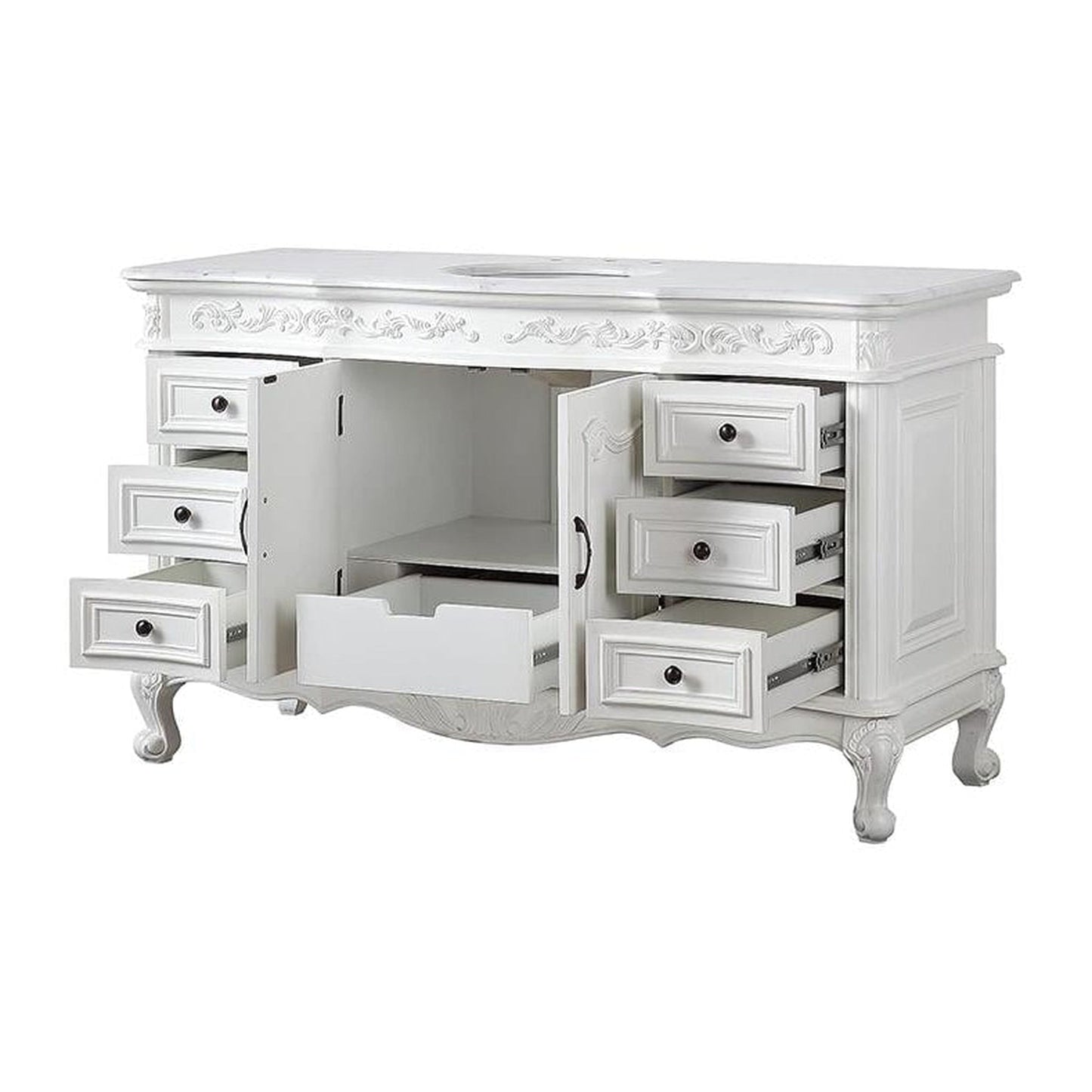 Silkroad Exclusive 60" Single Sink Antique White Bathroom Vanity With Carrara White Marble Countertop and White Ceramic Undermount Sink - V0299WW60C