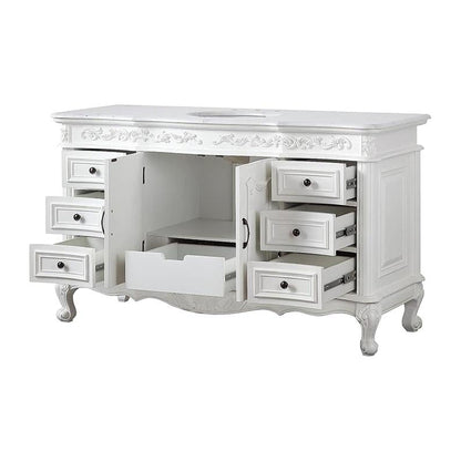 Silkroad Exclusive 60" Single Sink Antique White Bathroom Vanity With Carrara White Marble Countertop and White Ceramic Undermount Sink - V0299WW60C