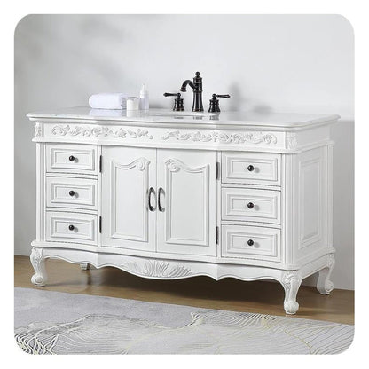 Silkroad Exclusive 60" Single Sink Antique White Bathroom Vanity With Carrara White Marble Countertop and White Ceramic Undermount Sink - V0299WW60C