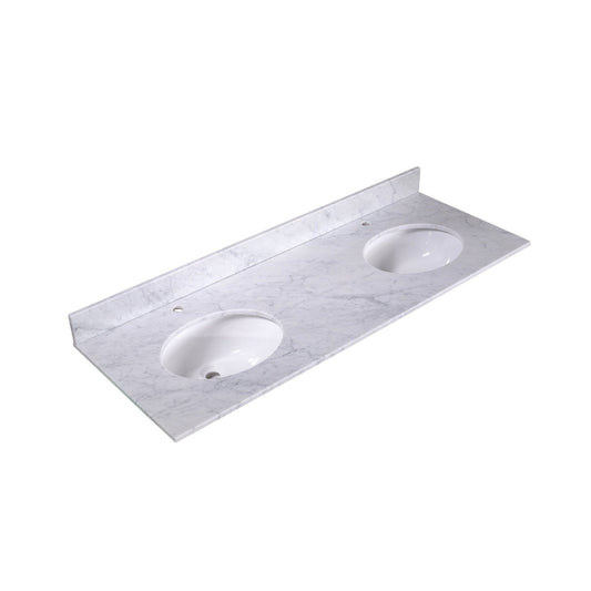 Silkroad Exclusive 60" x 22" White Carrara Marble Vanity Top With White Double Oval Undermount Sink and 4" Backsplash - T60D06