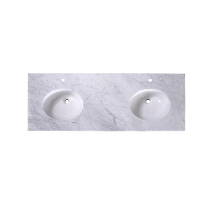 Silkroad Exclusive 60" x 22" White Carrara Marble Vanity Top With White Double Oval Undermount Sink and 4" Backsplash - T60D06