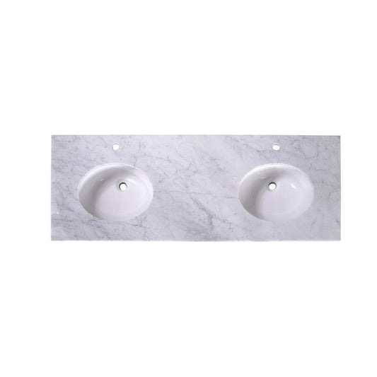 Silkroad Exclusive 60" x 22" White Carrara Marble Vanity Top With White Double Oval Undermount Sink and 4" Backsplash - T60D06