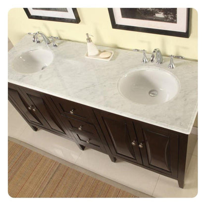 Silkroad Exclusive 68" Double Sink Dark Walnut Bathroom Vanity With Carrara White Marble Countertop and White Ceramic Undermount Sink N- FS-0269-WM-UWC-68