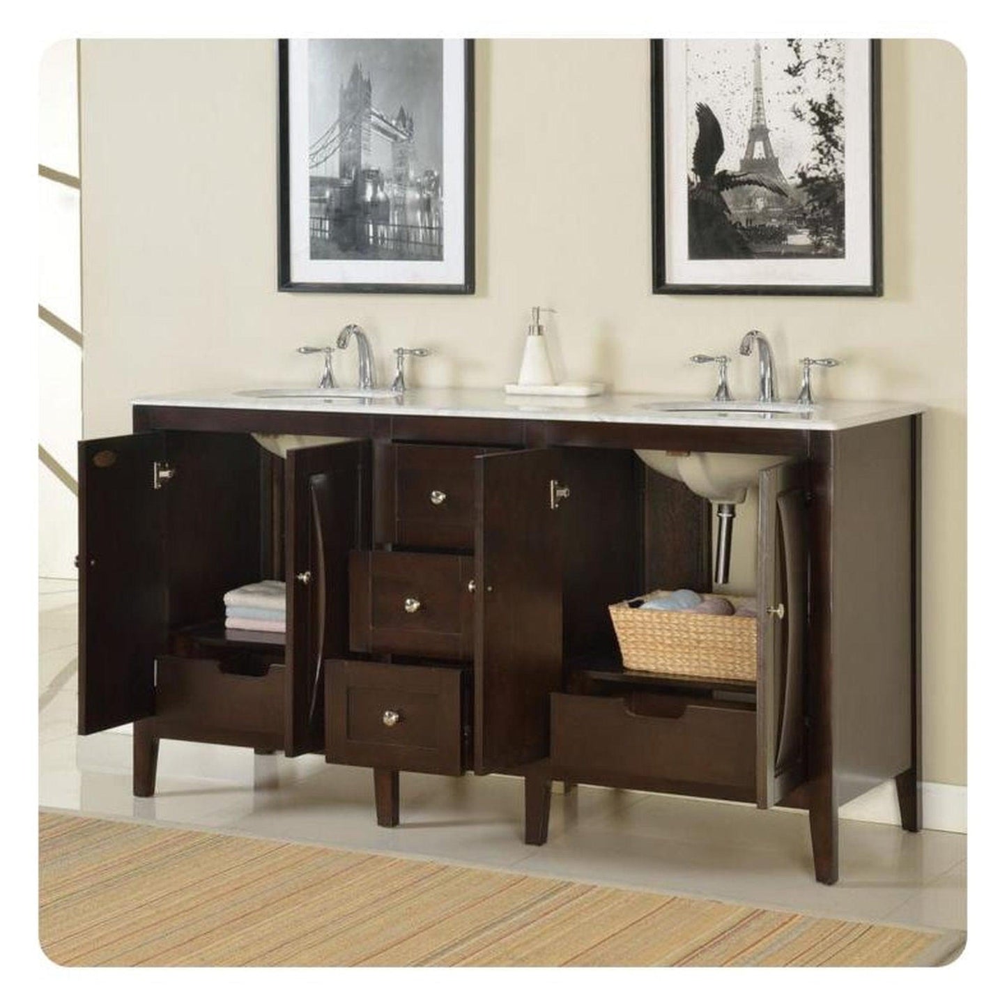 Silkroad Exclusive 68" Double Sink Dark Walnut Bathroom Vanity With Carrara White Marble Countertop and White Ceramic Undermount Sink N- FS-0269-WM-UWC-68