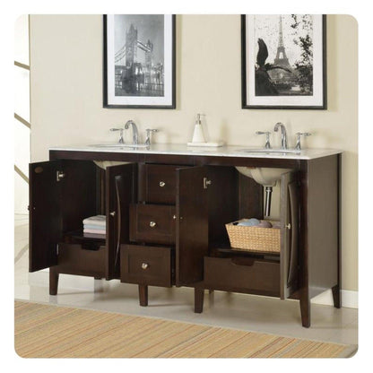 Silkroad Exclusive 68" Double Sink Dark Walnut Bathroom Vanity With Carrara White Marble Countertop and White Ceramic Undermount Sink N- FS-0269-WM-UWC-68
