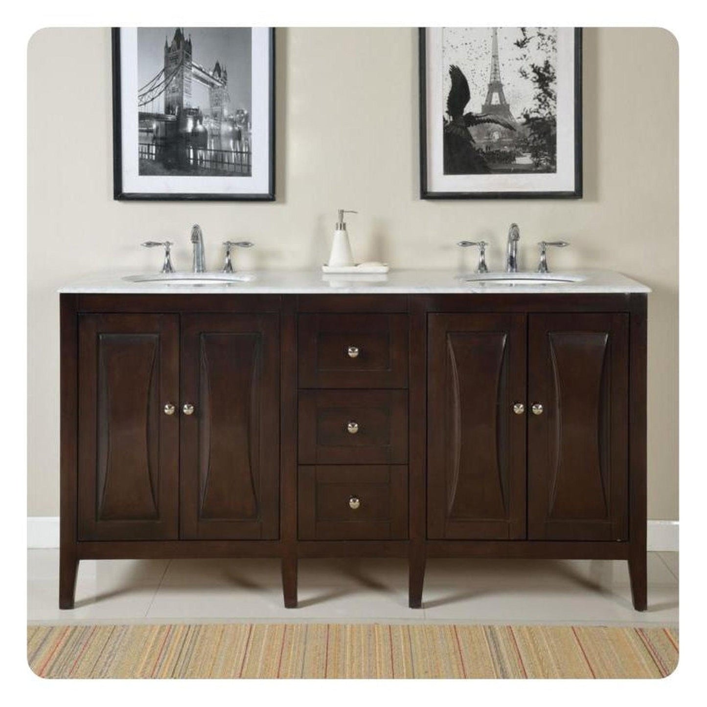 Silkroad Exclusive 68" Double Sink Dark Walnut Bathroom Vanity With Carrara White Marble Countertop and White Ceramic Undermount Sink N- FS-0269-WM-UWC-68
