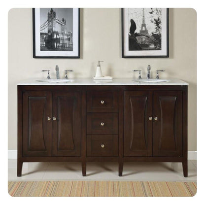 Silkroad Exclusive 68" Double Sink Dark Walnut Bathroom Vanity With Carrara White Marble Countertop and White Ceramic Undermount Sink N- FS-0269-WM-UWC-68