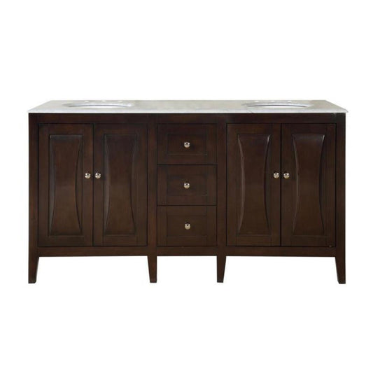 Silkroad Exclusive 68" Double Sink Dark Walnut Bathroom Vanity With Carrara White Marble Countertop and White Ceramic Undermount Sink N- FS-0269-WM-UWC-68