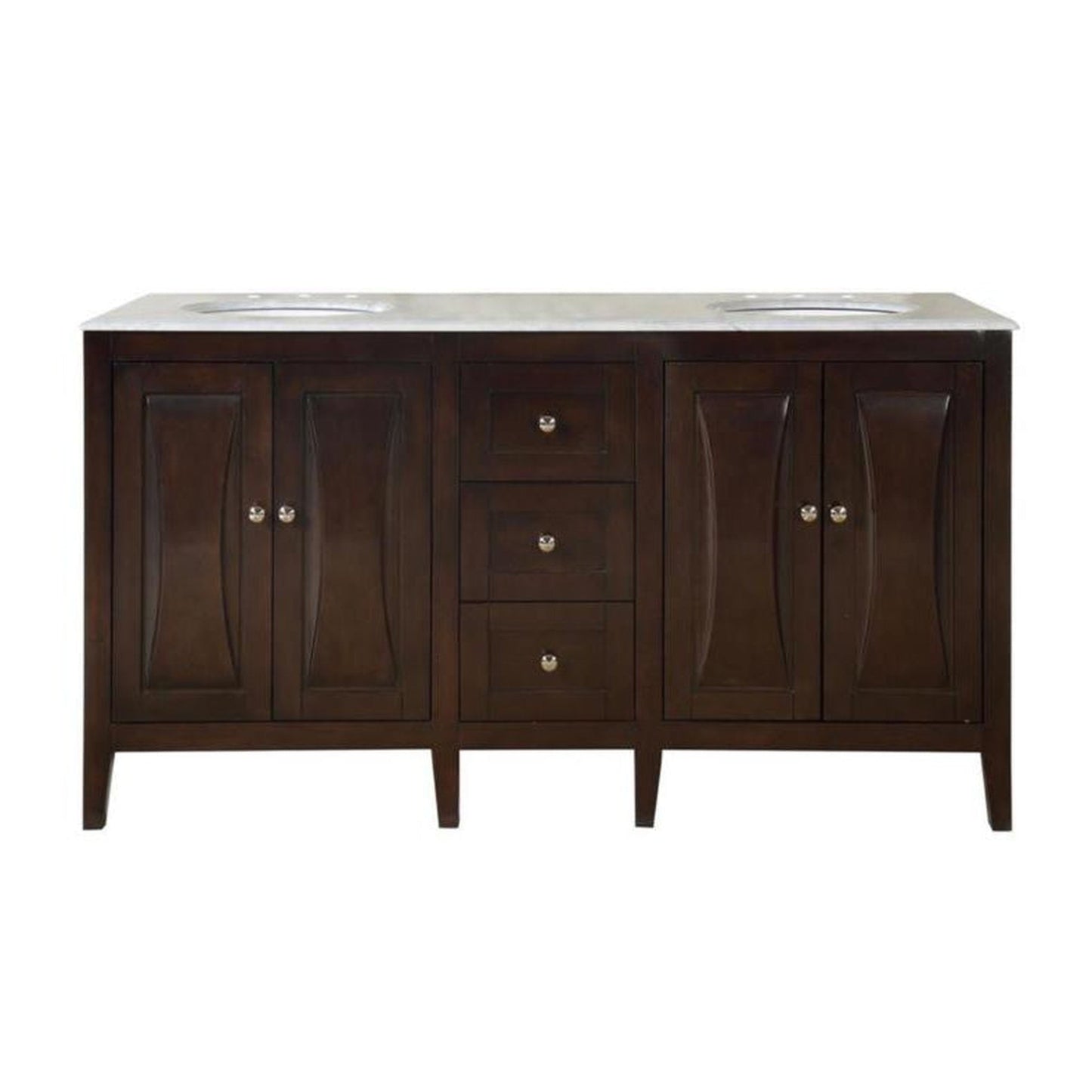 Silkroad Exclusive 68" Double Sink Dark Walnut Bathroom Vanity With Carrara White Marble Countertop and White Ceramic Undermount Sink N- FS-0269-WM-UWC-68