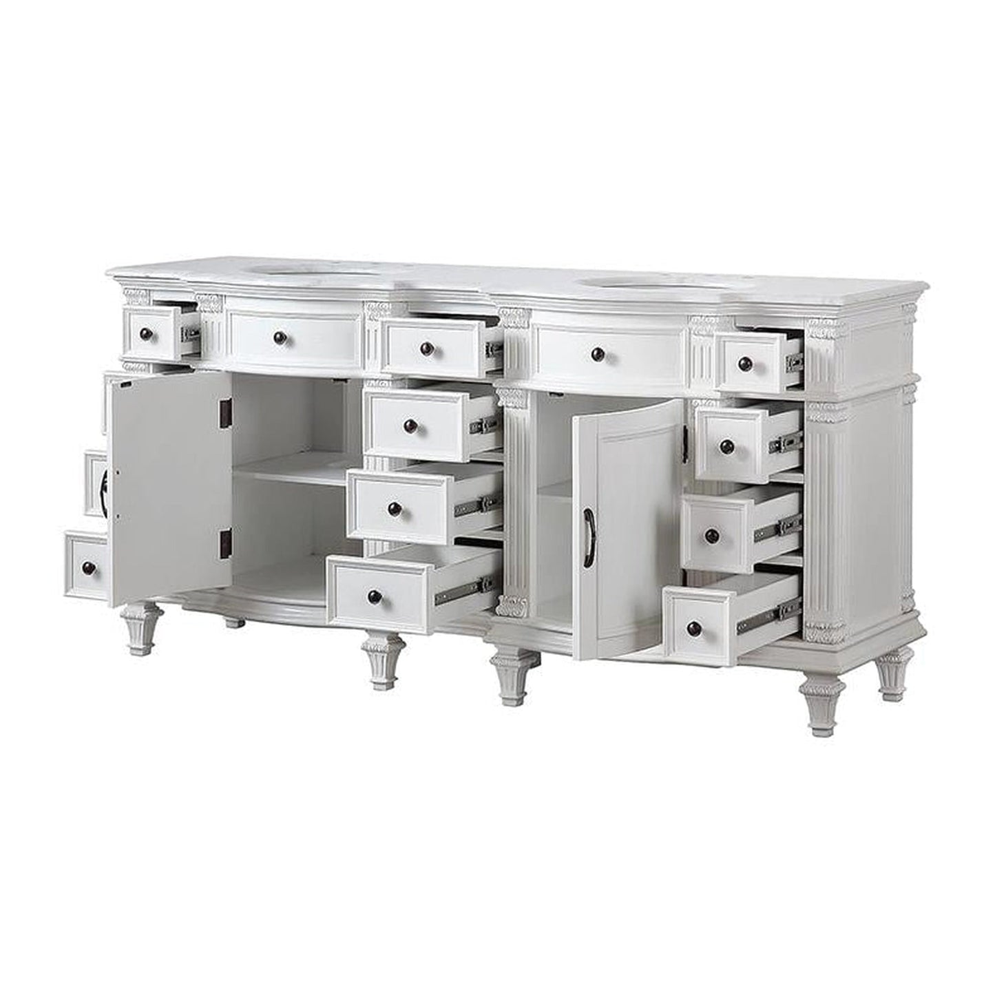 Silkroad Exclusive 72" Double Sink Antique White Bathroom Vanity With Carrara White Marble Countertop and White Ceramic Undermount Sink - V0722WW72D
