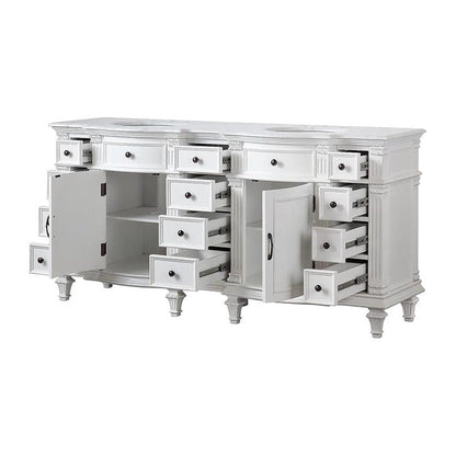 Silkroad Exclusive 72" Double Sink Antique White Bathroom Vanity With Carrara White Marble Countertop and White Ceramic Undermount Sink - V0722WW72D