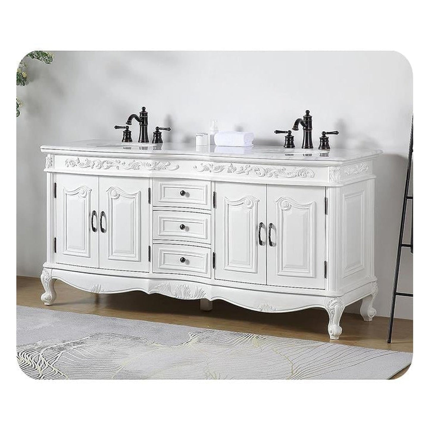 Silkroad Exclusive 72" Double Sink Antique White Bathroom Vanity With Carrara White Marble Countertop and White Ceramic Undermount Sink - V8034WW72D
