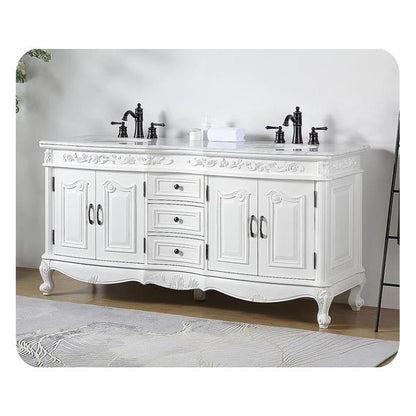 Silkroad Exclusive 72" Double Sink Antique White Bathroom Vanity With Carrara White Marble Countertop and White Ceramic Undermount Sink - V8034WW72D
