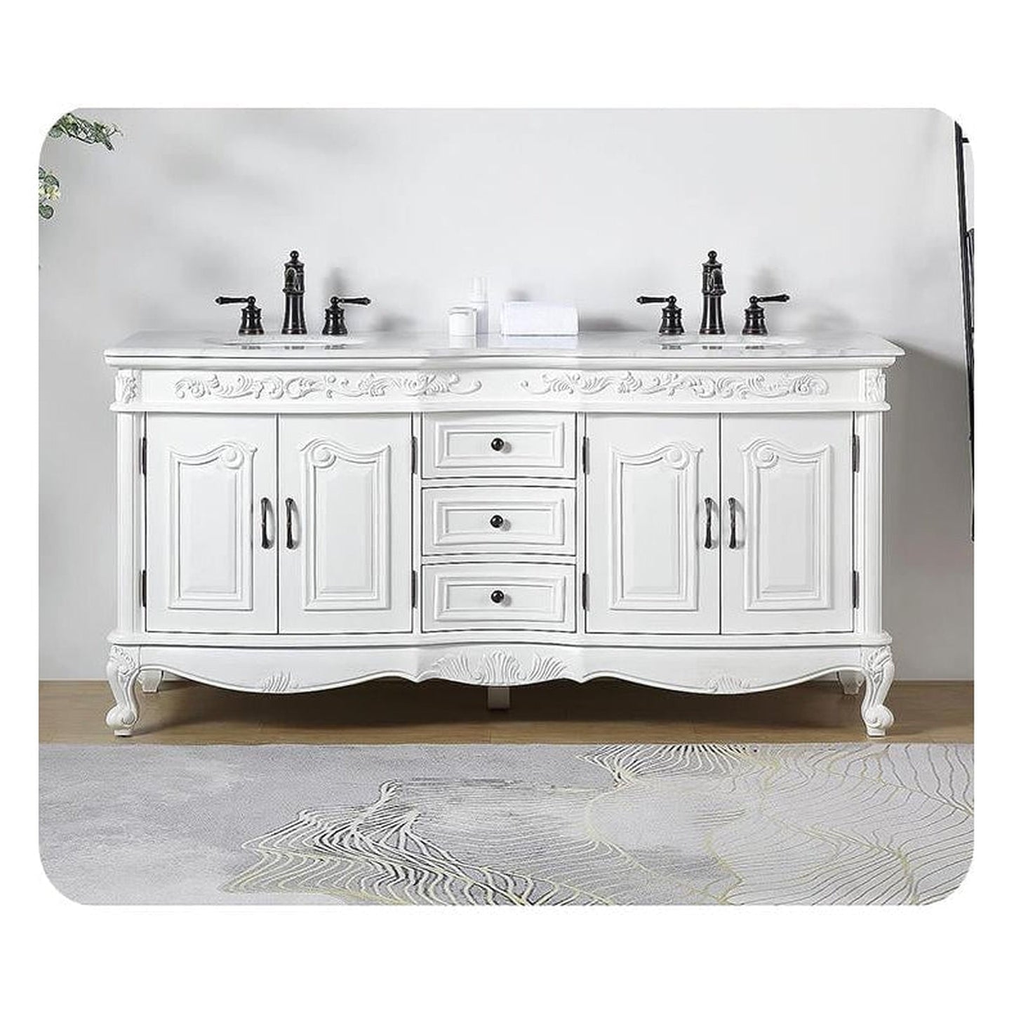 Silkroad Exclusive 72" Double Sink Antique White Bathroom Vanity With Carrara White Marble Countertop and White Ceramic Undermount Sink - V8034WW72D