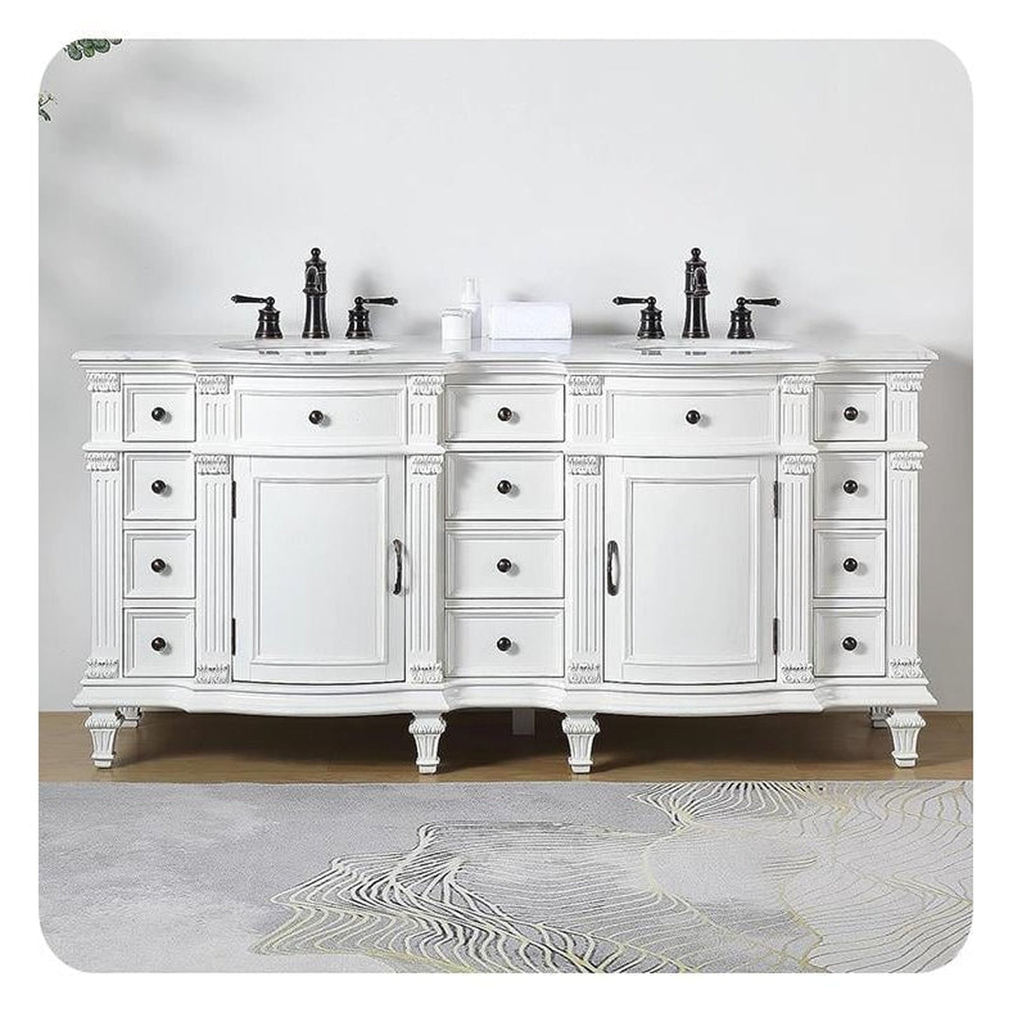 Silkroad Exclusive 72" Double Sink Antique White Bathroom Vanity With Carrara White Marble Countertop and White Ceramic Undermount Sink - V0722WW72D