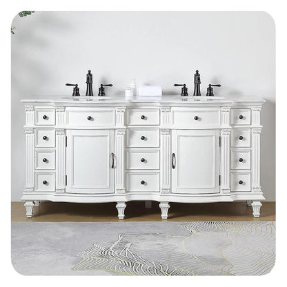 Silkroad Exclusive 72" Double Sink Antique White Bathroom Vanity With Carrara White Marble Countertop and White Ceramic Undermount Sink - V0722WW72D