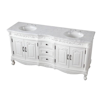 Silkroad Exclusive 72" Double Sink Antique White Bathroom Vanity With Carrara White Marble Countertop and White Ceramic Undermount Sink - V8034WW72D
