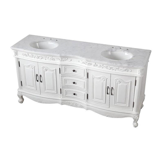 Silkroad Exclusive 72" Double Sink Antique White Bathroom Vanity With Carrara White Marble Countertop and White Ceramic Undermount Sink - V8034WW72D