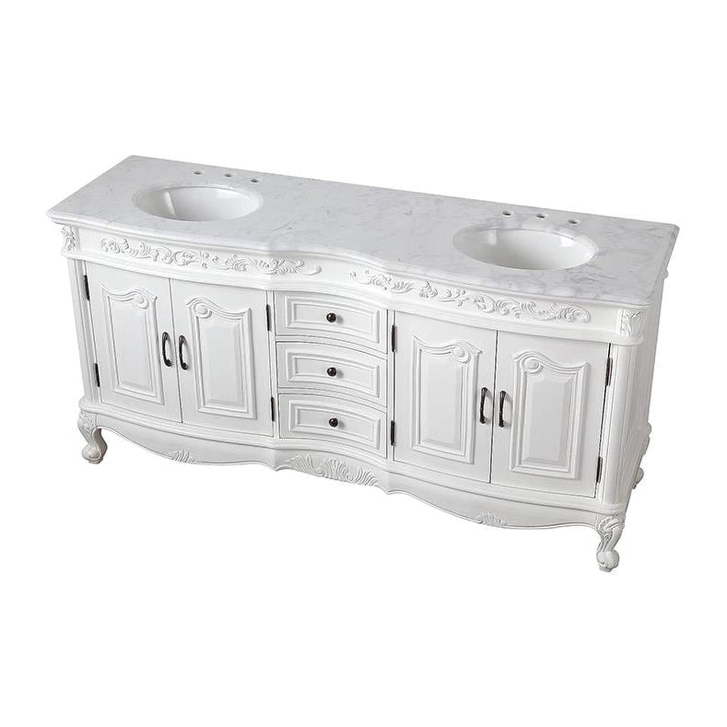 Silkroad Exclusive 72" Double Sink Antique White Bathroom Vanity With Carrara White Marble Countertop and White Ceramic Undermount Sink - V8034WW72D