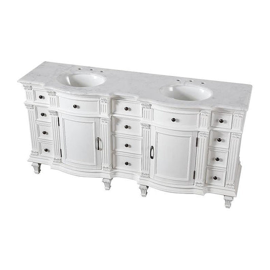 Silkroad Exclusive 72" Double Sink Antique White Bathroom Vanity With Carrara White Marble Countertop and White Ceramic Undermount Sink - V0722WW72D