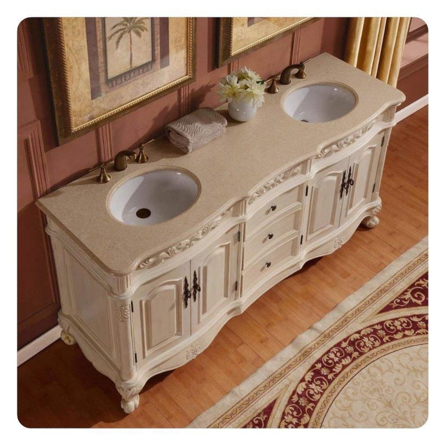 Silkroad Exclusive 72" Double Sink Antique White Bathroom Vanity With Crema Marfil Marble Countertop and White Ceramic Undermount Sink - ZY-0250-CM-UWC-72