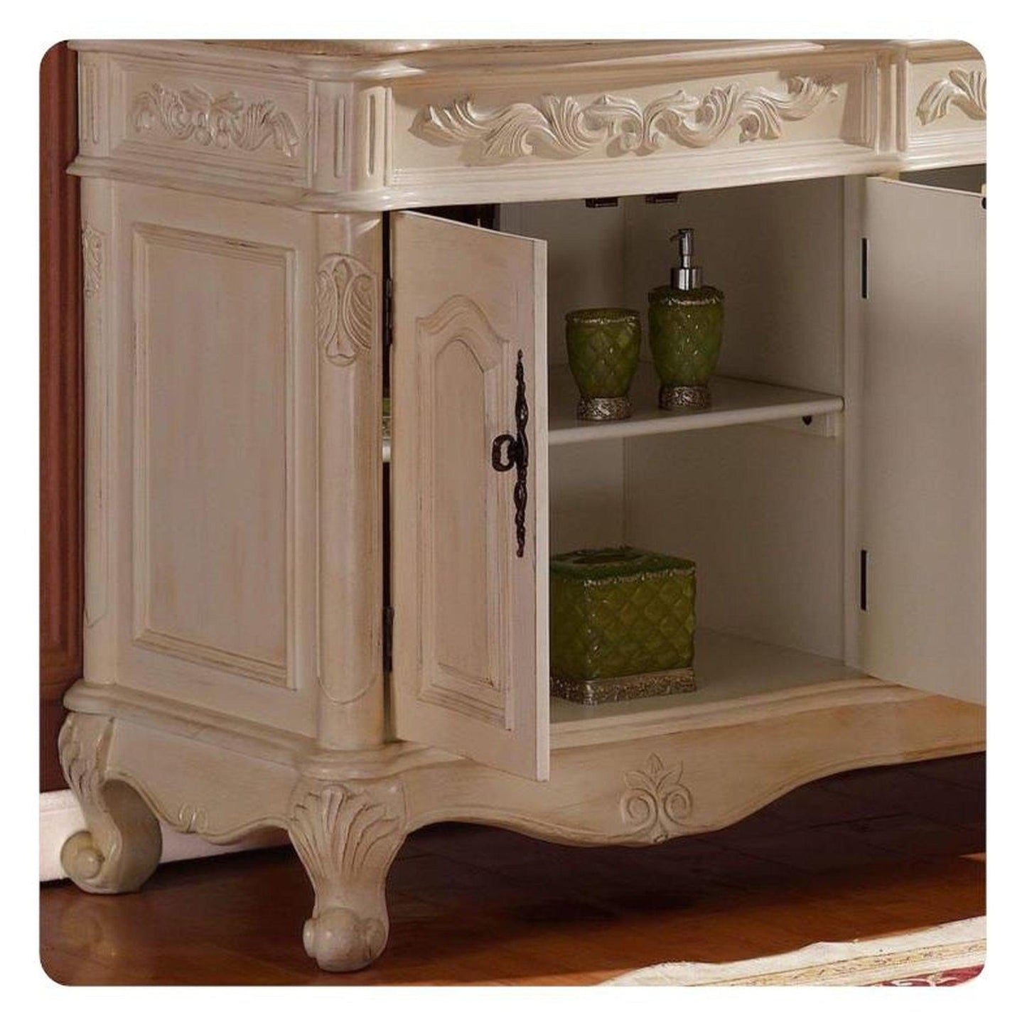 Silkroad Exclusive 72" Double Sink Antique White Bathroom Vanity With Crema Marfil Marble Countertop and White Ceramic Undermount Sink - ZY-0250-CM-UWC-72