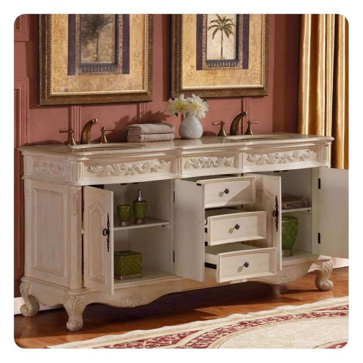 Silkroad Exclusive 72" Double Sink Antique White Bathroom Vanity With Crema Marfil Marble Countertop and White Ceramic Undermount Sink - ZY-0250-CM-UWC-72