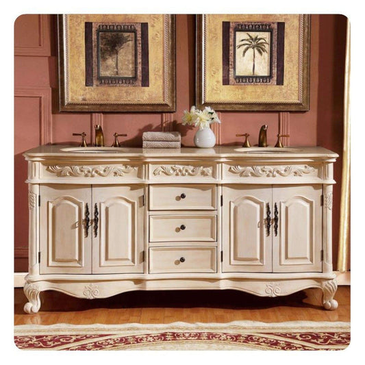 Silkroad Exclusive 72" Double Sink Antique White Bathroom Vanity With Crema Marfil Marble Countertop and White Ceramic Undermount Sink - ZY-0250-CM-UWC-72