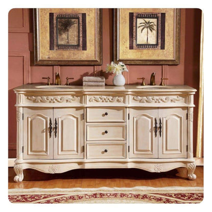 Silkroad Exclusive 72" Double Sink Antique White Bathroom Vanity With Crema Marfil Marble Countertop and White Ceramic Undermount Sink - ZY-0250-CM-UWC-72