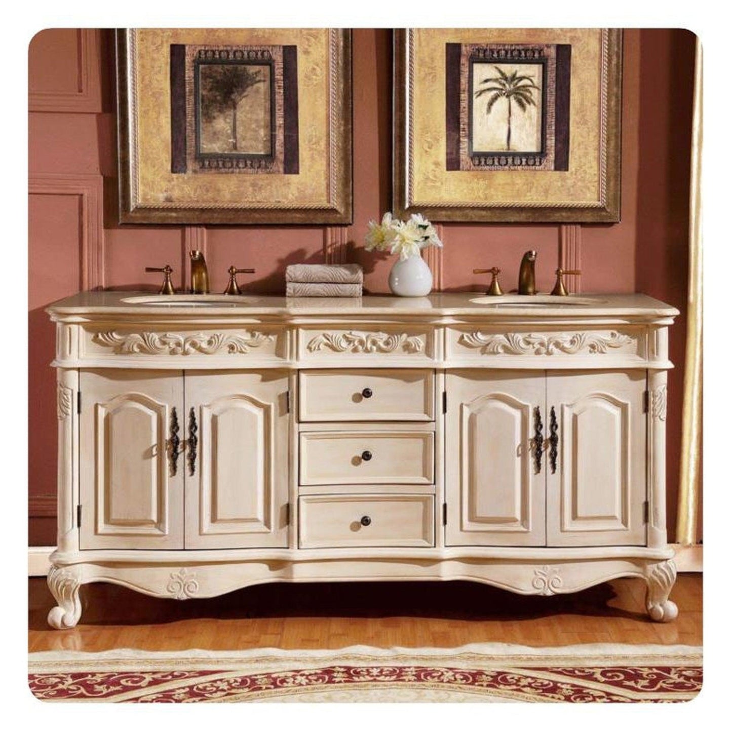 Silkroad Exclusive 72" Double Sink Antique White Bathroom Vanity With Crema Marfil Marble Countertop and White Ceramic Undermount Sink - ZY-0250-CM-UWC-72
