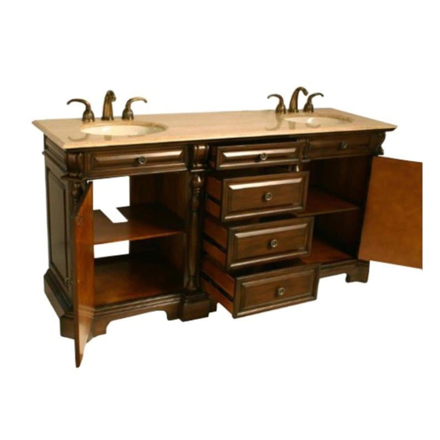 Silkroad Exclusive 72" Double Sink Dark Chestnut Bathroom Vanity With Travertine Countertop and Ivory Ceramic Undermount Sink - LTP-0176-T-UIC-72