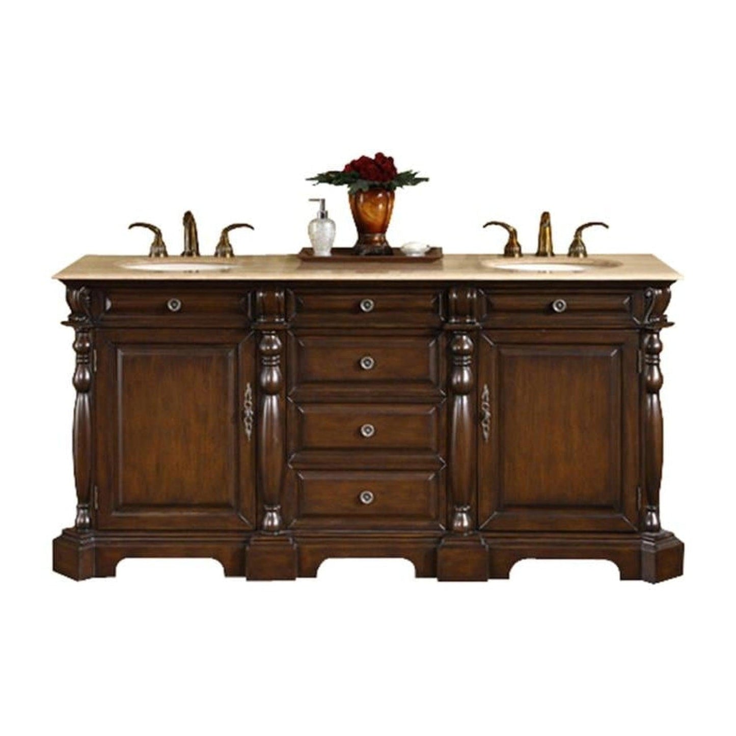 Silkroad Exclusive 72" Double Sink Dark Chestnut Bathroom Vanity With Travertine Countertop and Ivory Ceramic Undermount Sink - LTP-0176-T-UIC-72