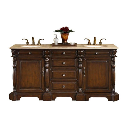 Silkroad Exclusive 72" Double Sink Dark Chestnut Bathroom Vanity With Travertine Countertop and Ivory Ceramic Undermount Sink - LTP-0176-T-UIC-72