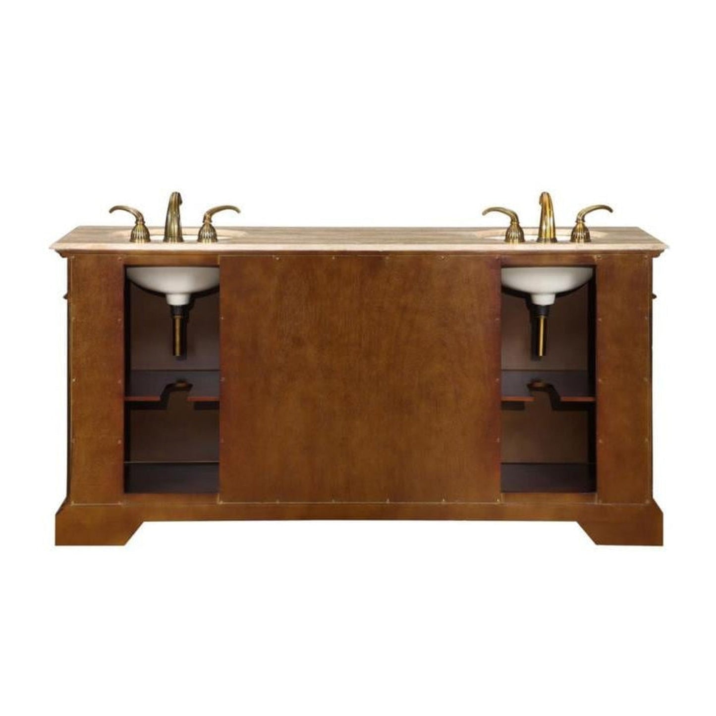 Silkroad Exclusive 72" Double Sink Dark Chestnut Bathroom Vanity With Travertine Countertop and Ivory Ceramic Undermount Sink - LTP-0176-T-UIC-72
