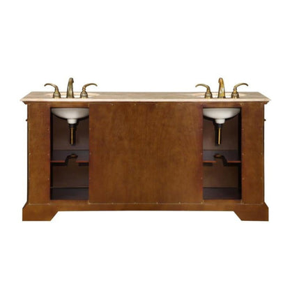 Silkroad Exclusive 72" Double Sink Dark Chestnut Bathroom Vanity With Travertine Countertop and Ivory Ceramic Undermount Sink - LTP-0176-T-UIC-72
