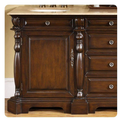 Silkroad Exclusive 72" Double Sink Dark Chestnut Bathroom Vanity With Travertine Countertop and Ivory Ceramic Undermount Sink - LTP-0176-T-UIC-72