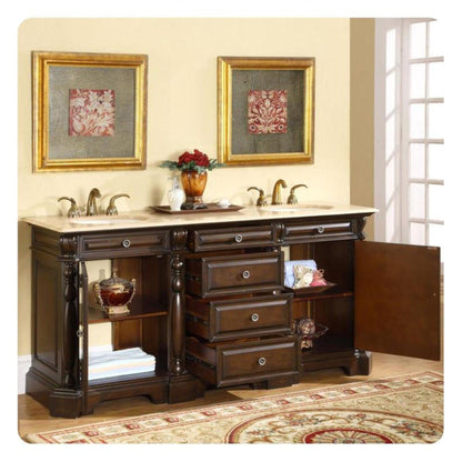 Silkroad Exclusive 72" Double Sink Dark Chestnut Bathroom Vanity With Travertine Countertop and Ivory Ceramic Undermount Sink - LTP-0176-T-UIC-72