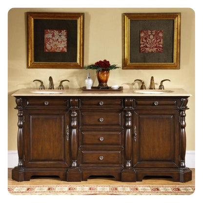 Silkroad Exclusive 72" Double Sink Dark Chestnut Bathroom Vanity With Travertine Countertop and Ivory Ceramic Undermount Sink - LTP-0176-T-UIC-72