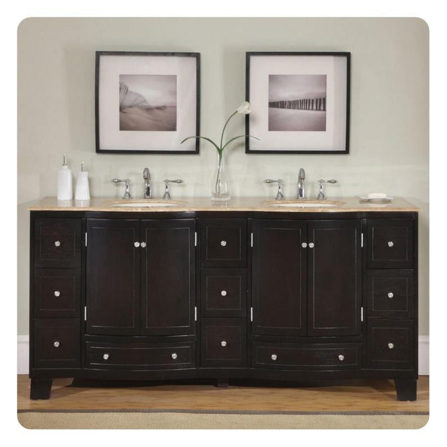 Silkroad Exclusive 72" Double Sink Dark Espresso Bathroom Vanity With Travertine Countertop and Ivory Ceramic Undermount Sink - HYP-0703-T-UIC-72