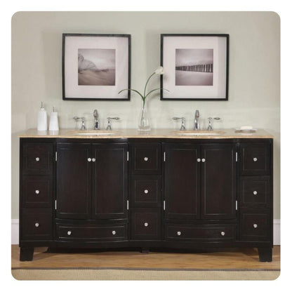 Silkroad Exclusive 72" Double Sink Dark Espresso Bathroom Vanity With Travertine Countertop and Ivory Ceramic Undermount Sink - HYP-0703-T-UIC-72