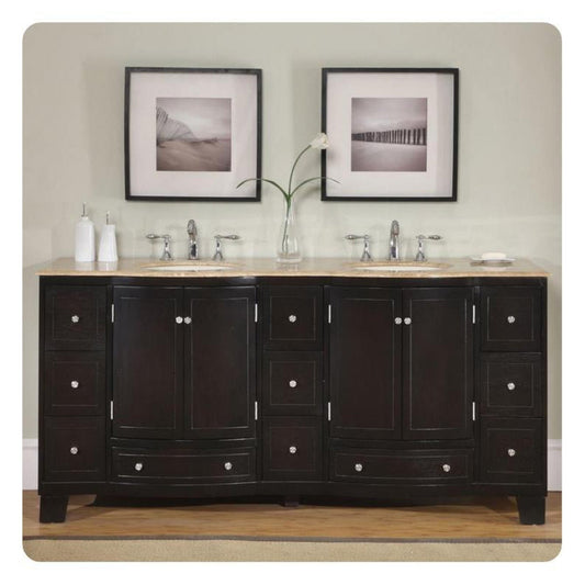 Silkroad Exclusive 72" Double Sink Dark Espresso Bathroom Vanity With Travertine Countertop and Ivory Ceramic Undermount Sink - HYP-0703-T-UIC-72