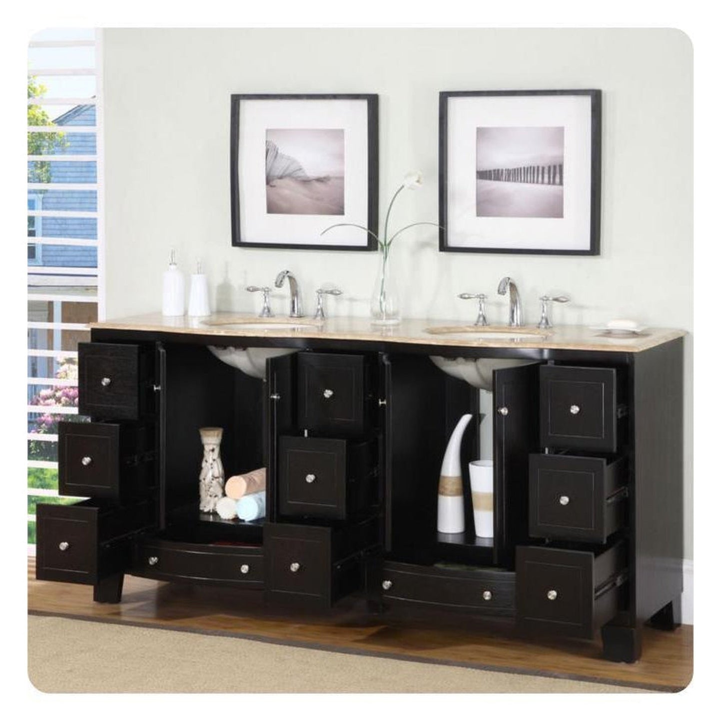 Silkroad Exclusive 72" Double Sink Dark Espresso Bathroom Vanity With Travertine Countertop and Ivory Ceramic Undermount Sink - HYP-0703-T-UIC-72