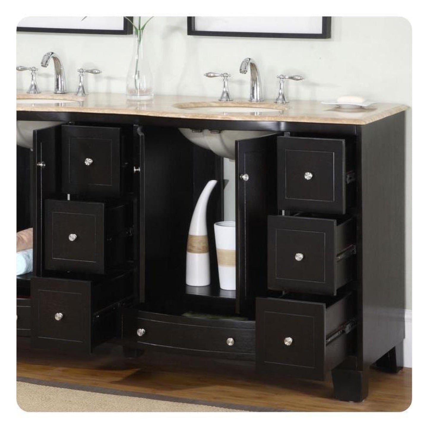Silkroad Exclusive 72" Double Sink Dark Espresso Bathroom Vanity With Travertine Countertop and Ivory Ceramic Undermount Sink - HYP-0703-T-UIC-72