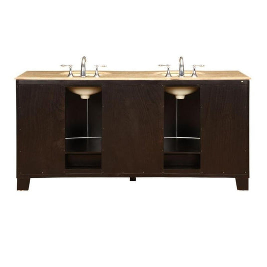 Silkroad Exclusive 72" Double Sink Dark Espresso Bathroom Vanity With Travertine Countertop and Ivory Ceramic Undermount Sink